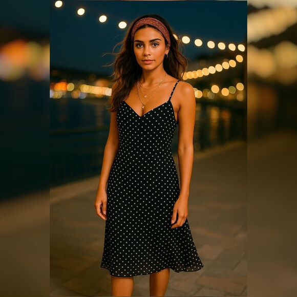 Unbranded Dresses & Skirts - Vintage Black Polka Dot Slip Dress XS | Sheer Overlay Lined Spaghetti Strap USA